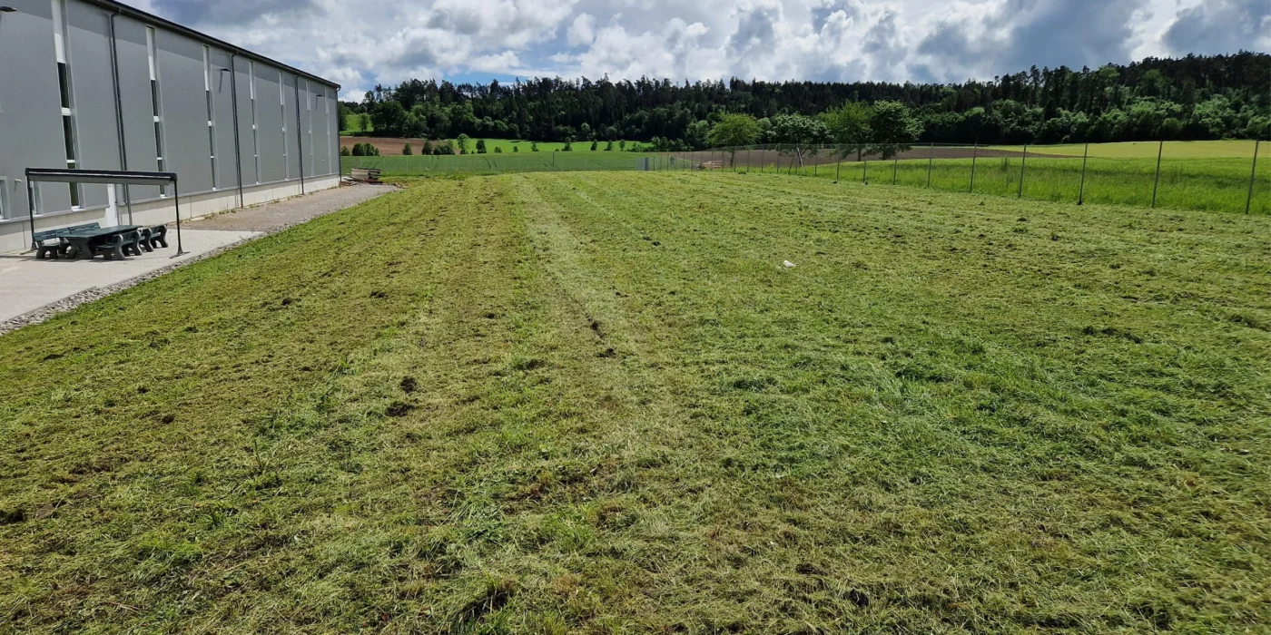 Frisch gemähte Rasenfläche neben einem modernen Industriegebäude bei wechselhaftem Wetter, mit Blick auf Felder und Wald im Hintergrund.